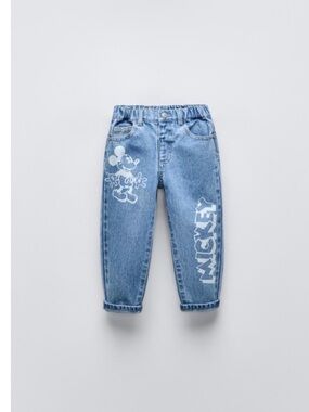 Zara Light Blue Denim Kids Jeans with White Mickey Motif